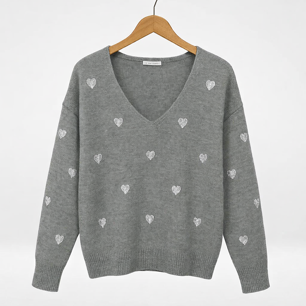 Heart Sequin V-Neck Knit