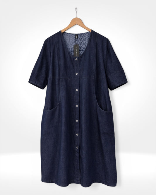 Indigo Pattern Trim Denim Shirt Dress (Bella Blue)