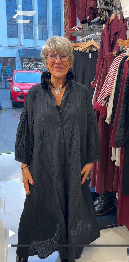 Ruffled Collar Relaxed Maxi Shirt Dress