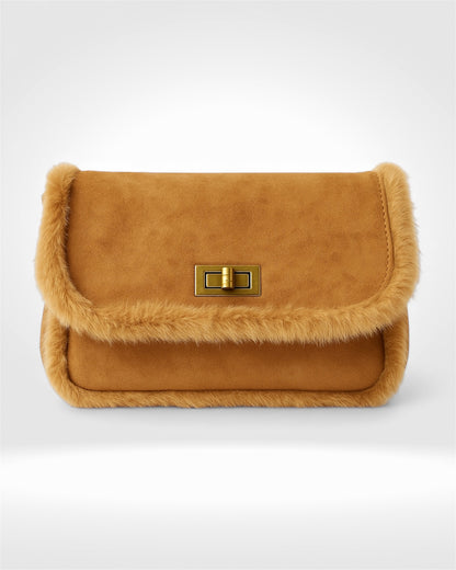 Faux Suede & Fur-Trim Shoulder Bag – Caramel