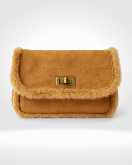 Faux Suede & Fur-Trim Shoulder Bag – Caramel