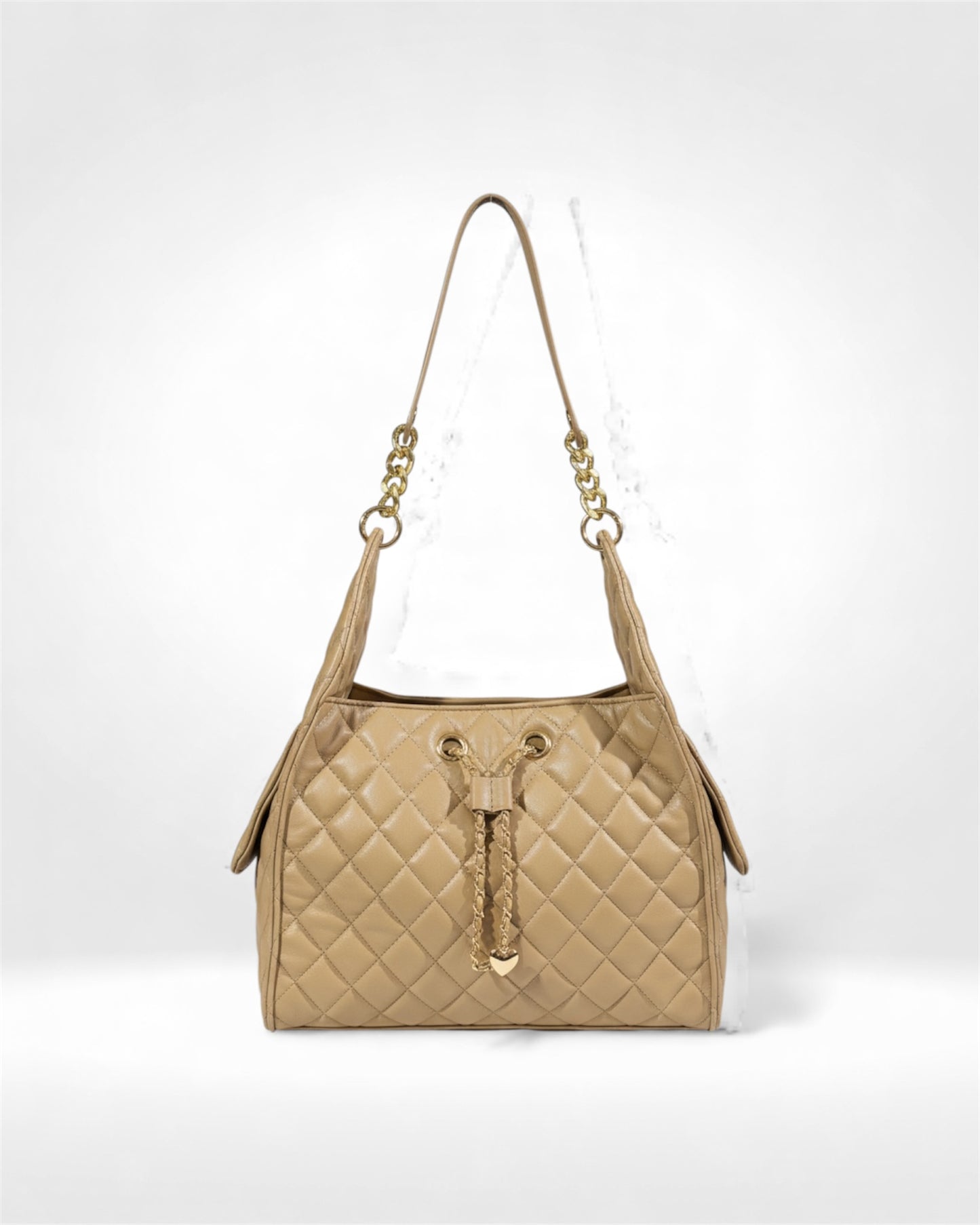 Quilted Chain-Detail Shoulder Bag – Beige