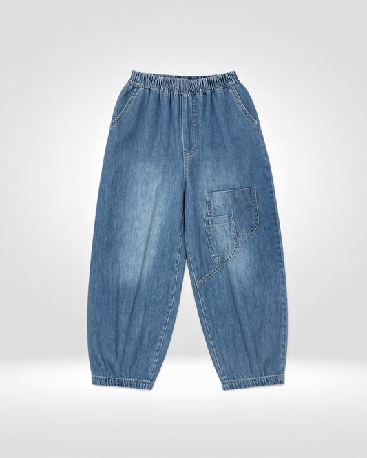 Relaxed Fit Elastic Waist Denim Cargo Pants (Bella Blue)