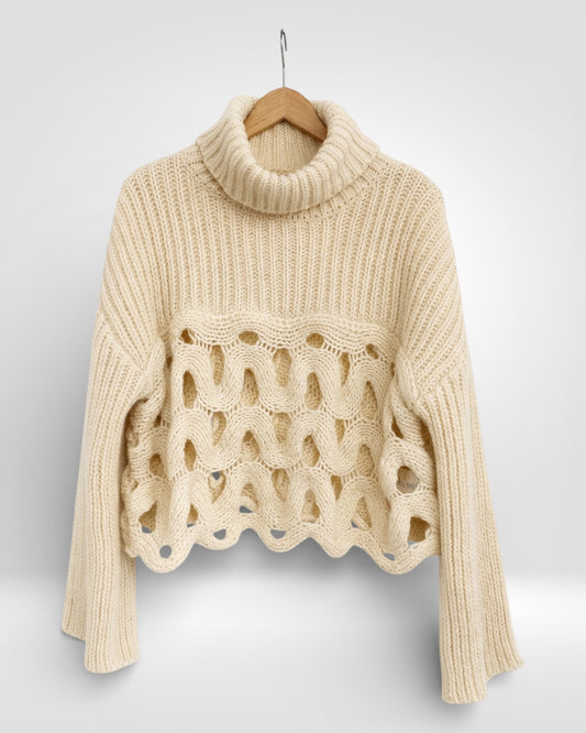 Ribbed Turtleneck Cut-Out Wave Knit Sweater