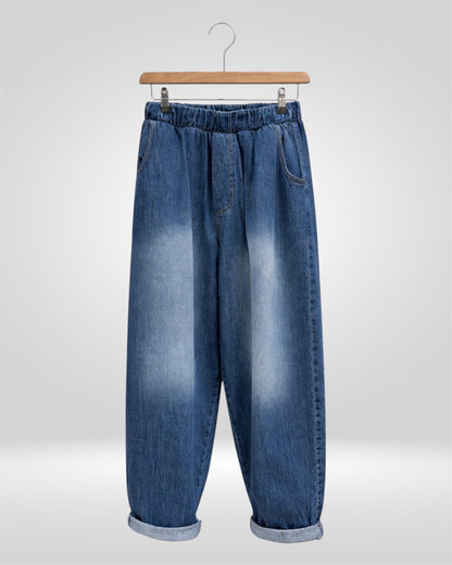 Relaxed Fit Elastic-Waist Denim Pants