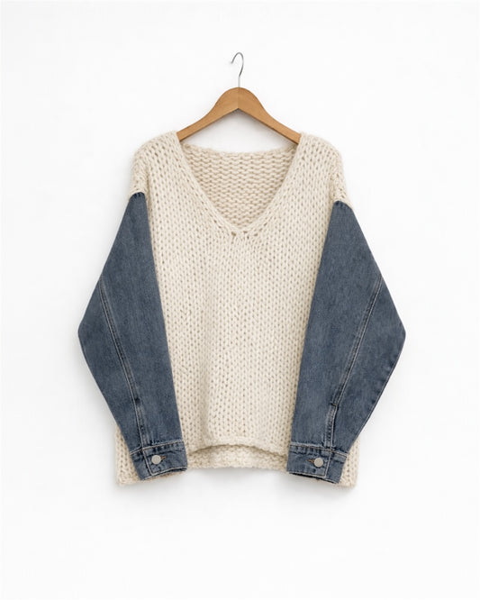 Italian Knit Denim-Sleeve Jumper