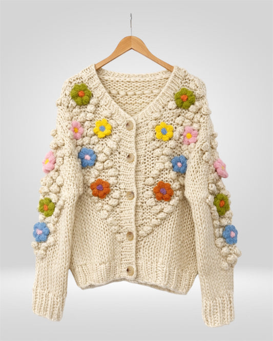 Handmade Floral Bobble Knit Cardigan