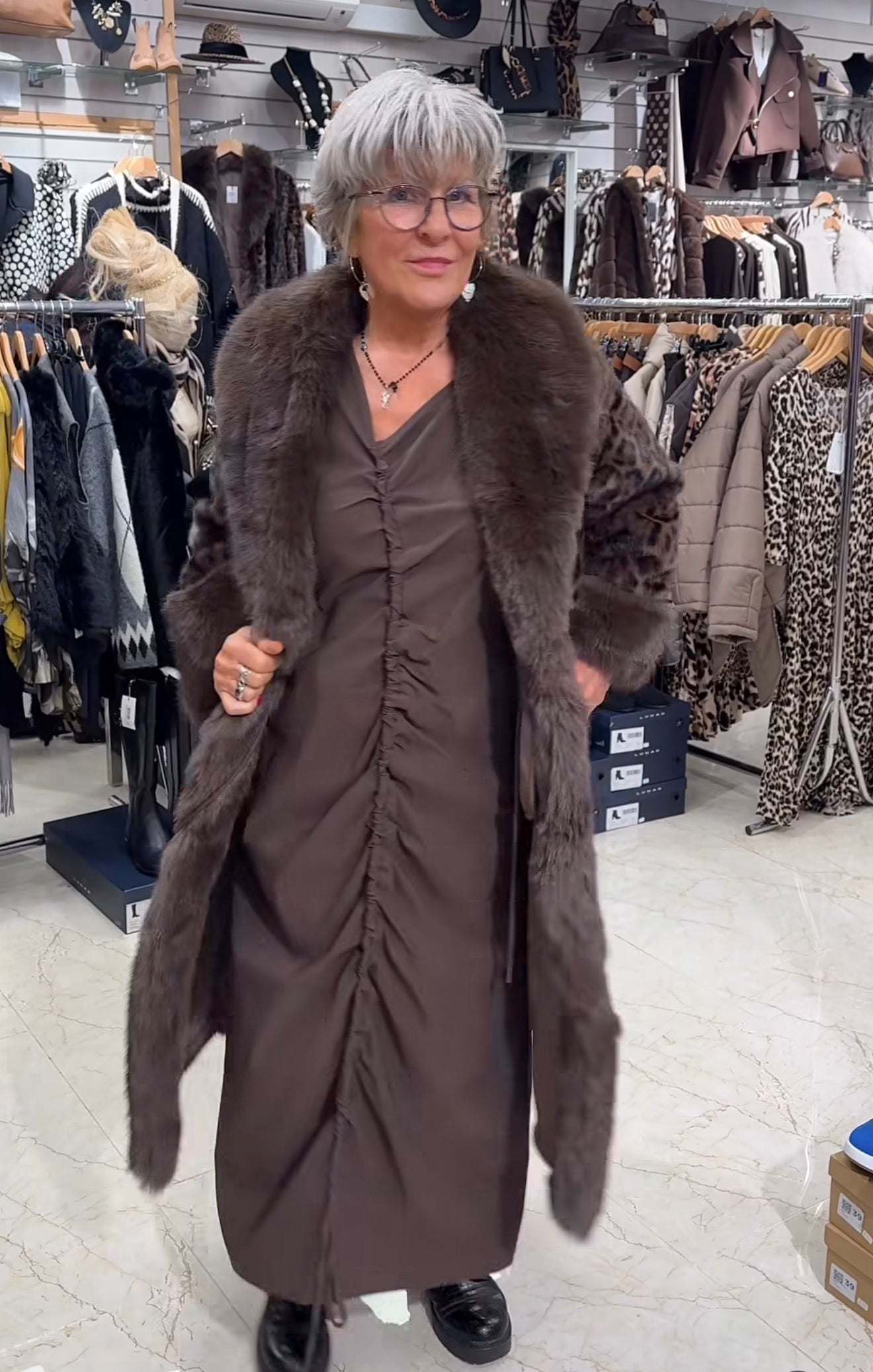 Chocolate Leopard Faux FurCoat