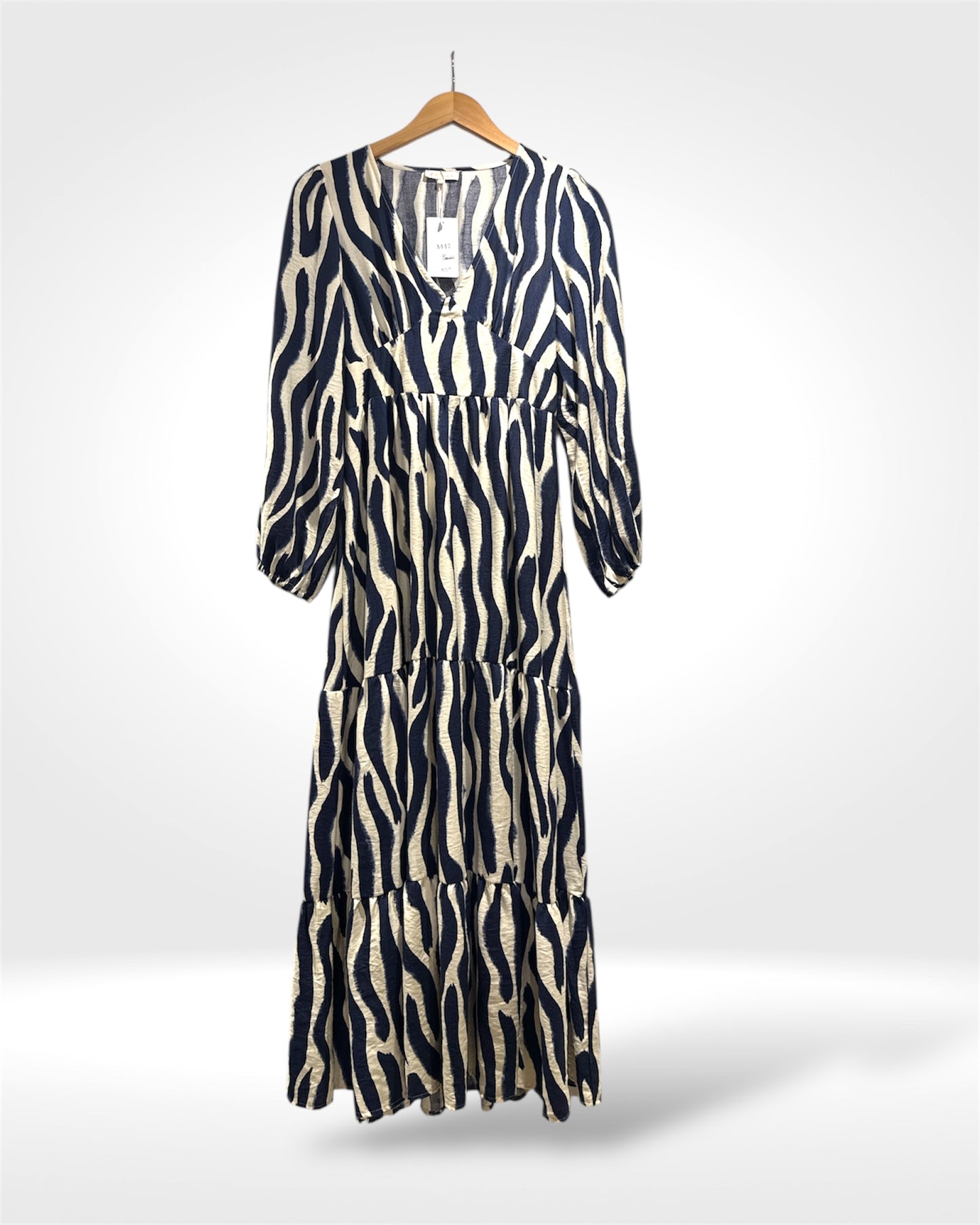 Navy and Cream Brushstroke Tiered Maxi Dress