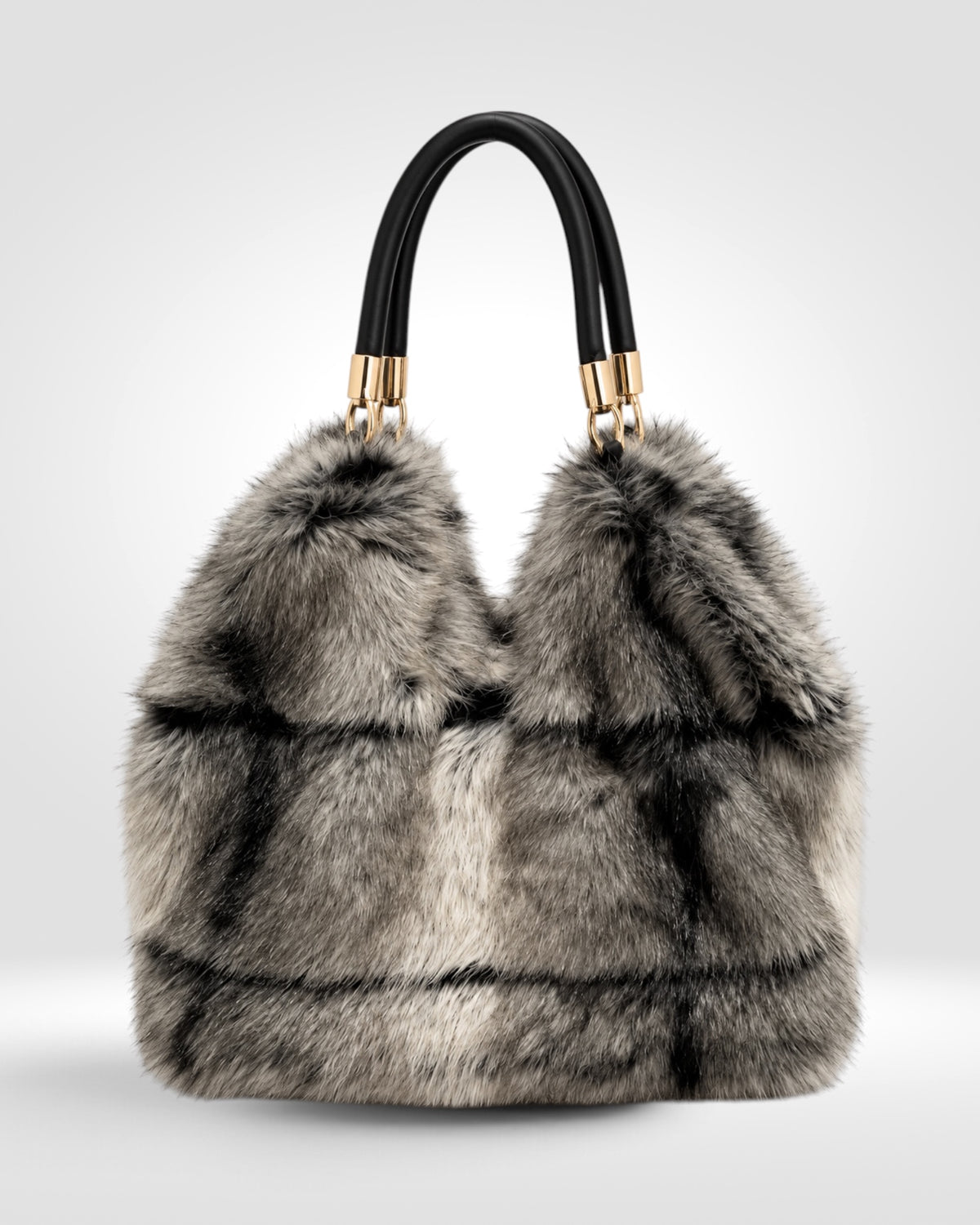 Luxury Grey & Black Faux Fur Handbag with Gold-Tone Detail