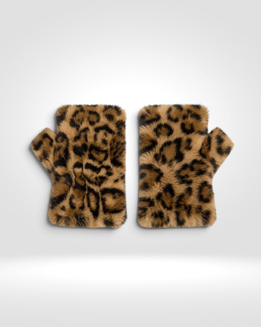 Luxury Leopard Print Faux Fur Fingerless Mittens