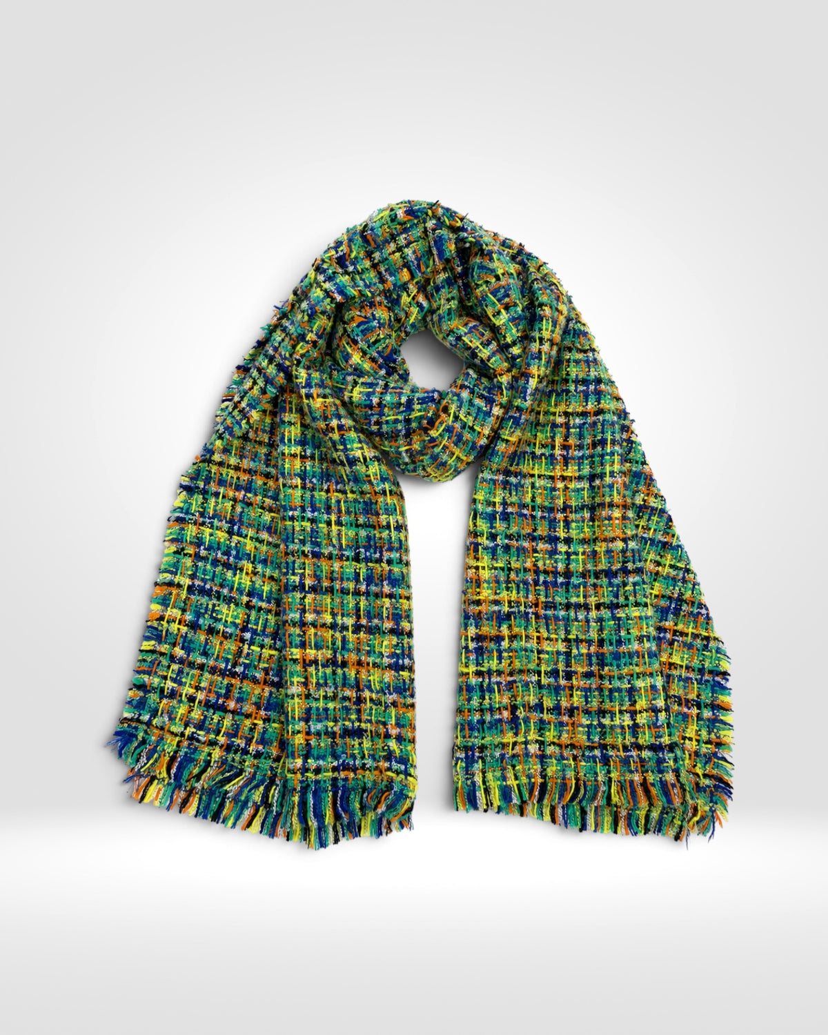 Multicolour Tweed Fringe Scarf – Blue & Green