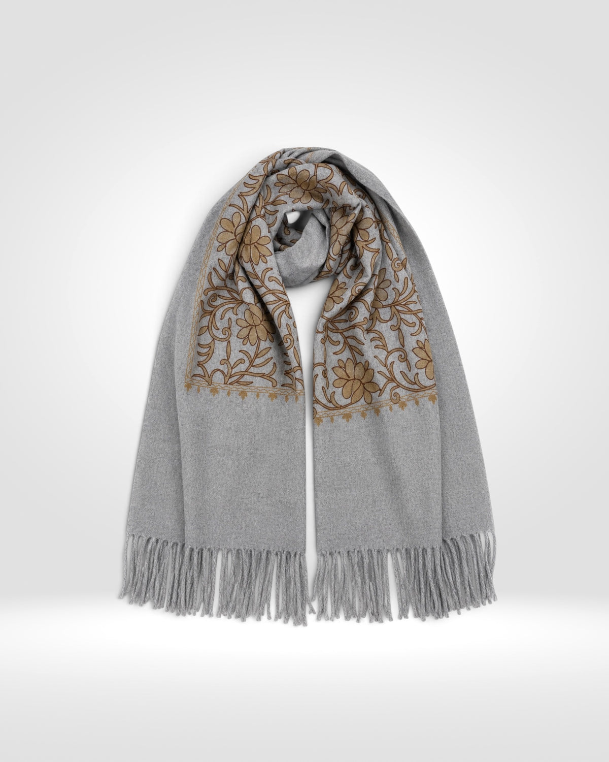 Embroidered Floral Scarf – Grey & Brown