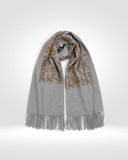 Embroidered Floral Scarf – Grey & Brown