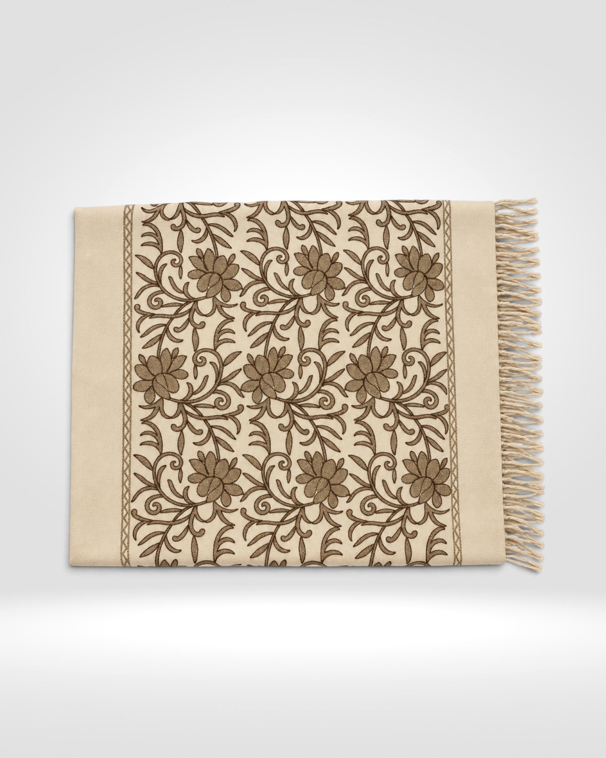 Embroidered Floral Scarf – Cream & Brown
