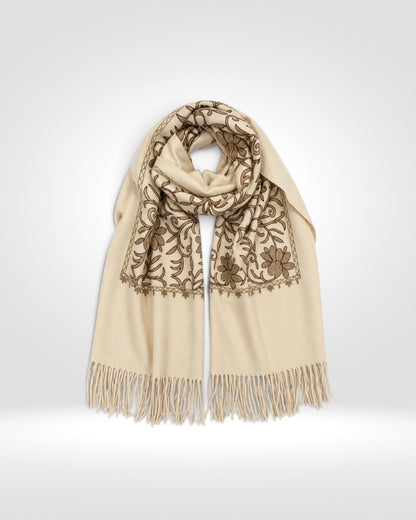 Embroidered Floral Scarf – Cream & Brown