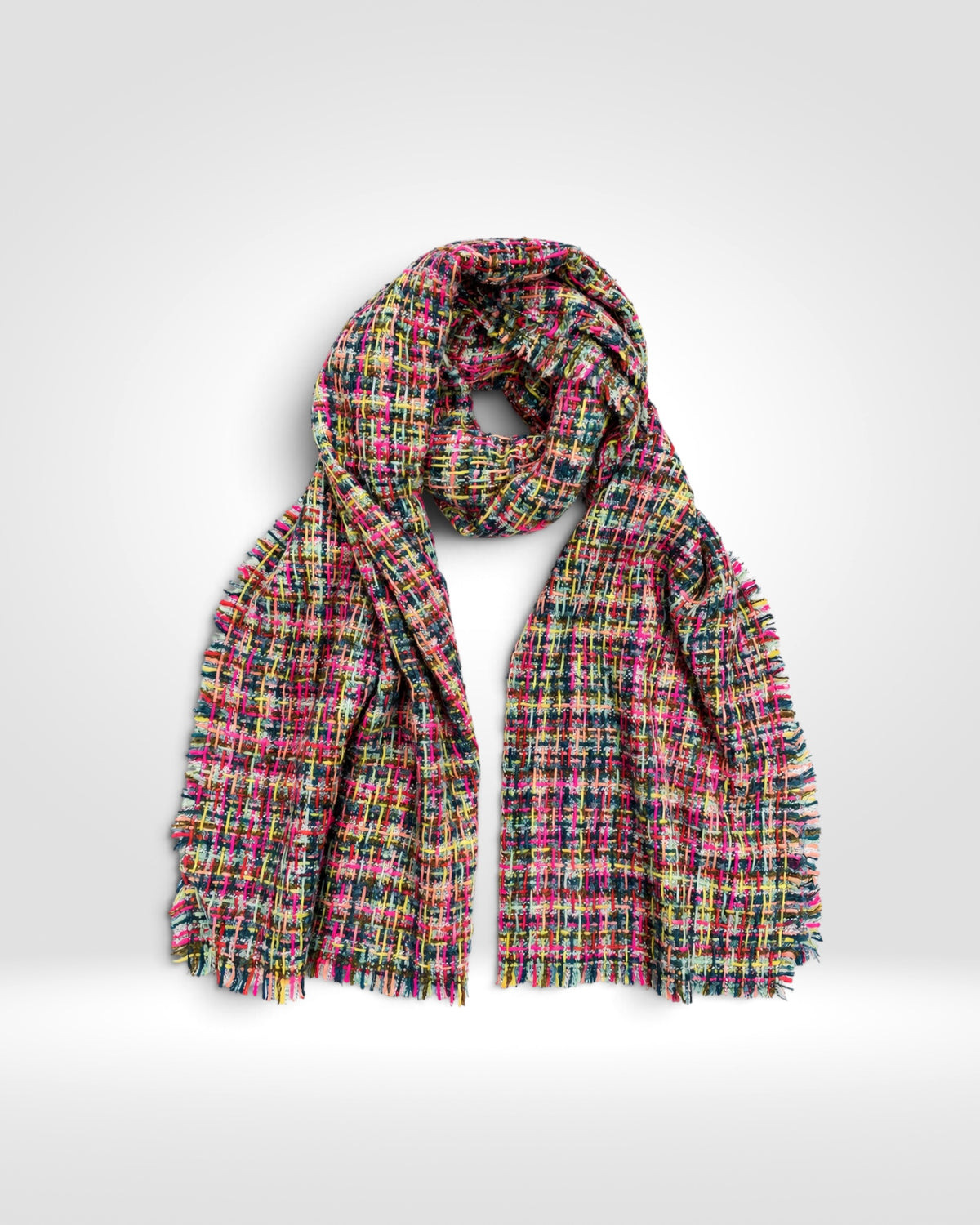 Multicolour Tweed Fringe Scarf – Navy & Pink
