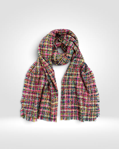 Multicolour Tweed Fringe Scarf – Navy & Pink