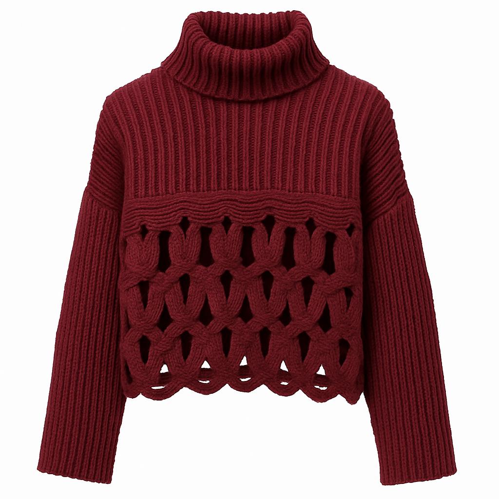 Pull en maille ondulée à col roulé côtelé ajouré