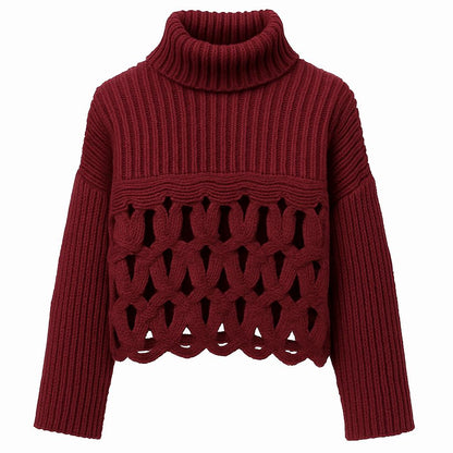 Pull en maille ondulée à col roulé côtelé ajouré