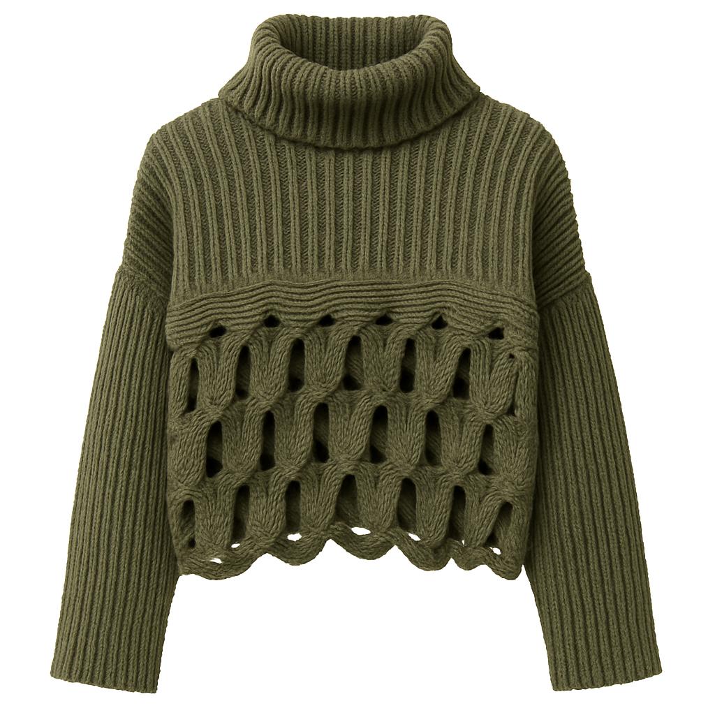 Pull en maille ondulée à col roulé côtelé ajouré