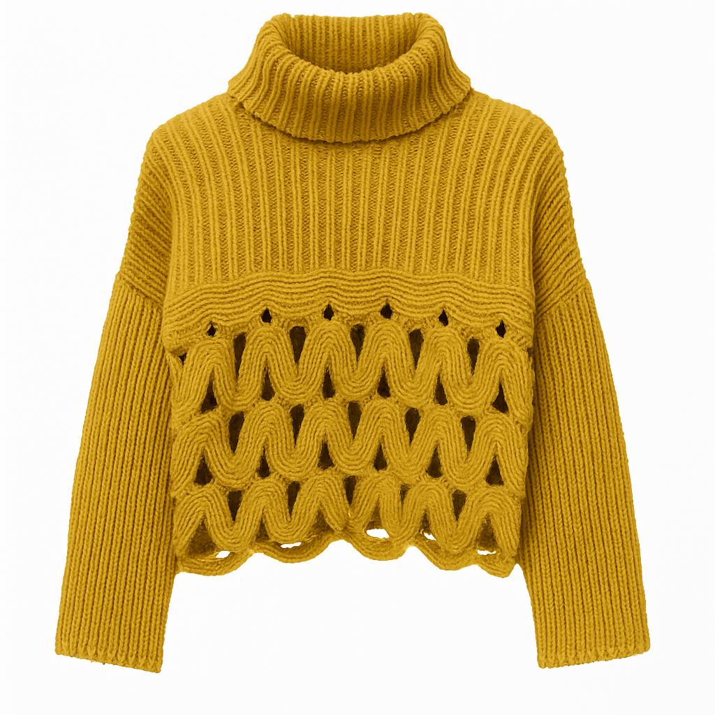Pull en maille ondulée à col roulé côtelé ajouré