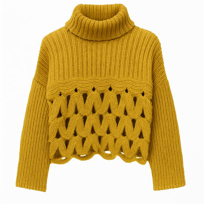 Pull en maille ondulée à col roulé côtelé ajouré